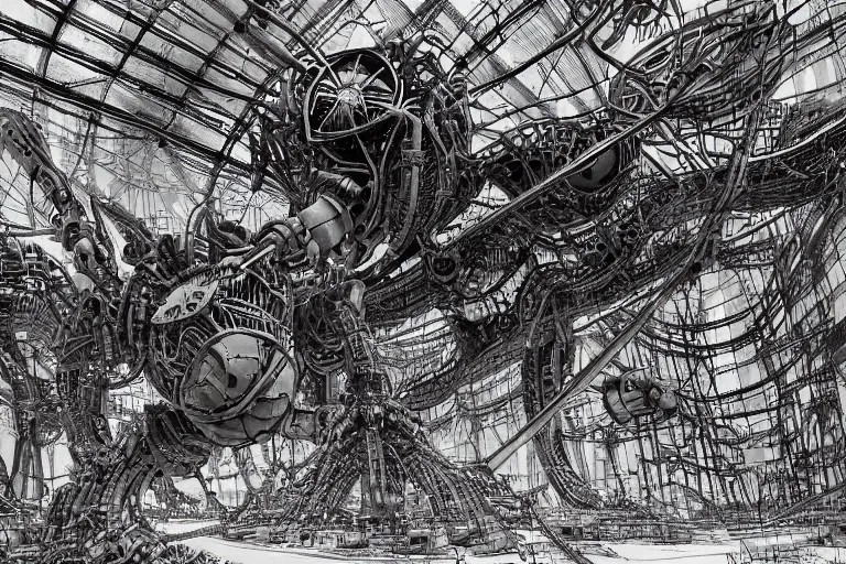 Image similar to dieselpunk huge robotic dragonfly, inside an gigantic underground concrete doom hangar, interior structure, drains, storm drains, jungle, vines, algea, cables, panels, walls, ceiling, floor, doors, brutalist architecture, intricate ink drawing, highly detailed in the style of Ashley Wood, moebius and Tsutomu Nihei, photorealistic, cinematic, intricate detail, well lit,