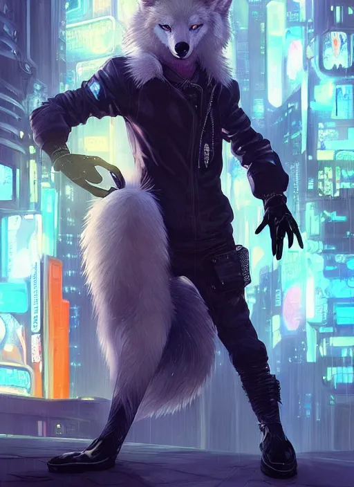 Image similar to award winning beautiful portrait commission of a male furry anthro albino wolf fursona with a tail and a cute beautiful attractive detailed furry face wearing stylish black, orange and blue cyberpunk biker clothes standing on top of a high rise in a cyberpunk city at night while it rains. Character design by charlie bowater, ross tran, artgerm, and makoto shinkai, detailed, inked, western comic book art