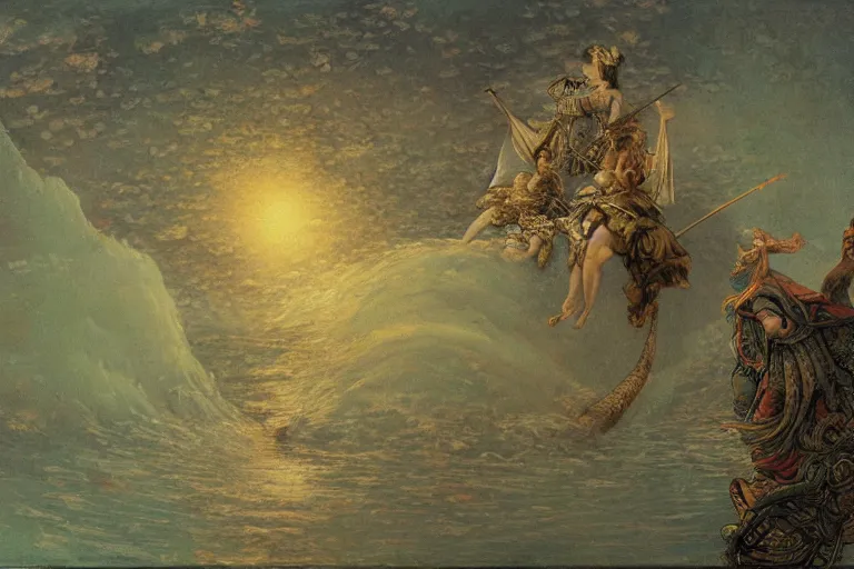 Prompt: princess rides an onion across the ocean by Yoshitaka Amano, oil painting on canvas, style of Gustave Dore