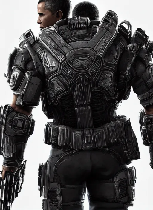 Prompt: full body character portrait of barack obama in gears of war wearing cig armor, metal gear rising, metal gear, barack obama, octane render, 8 k, realistic face, ray tracing, ps 5, subsurface scattering, realistically proportioned head, realistically proportioned face, ambient occlusion