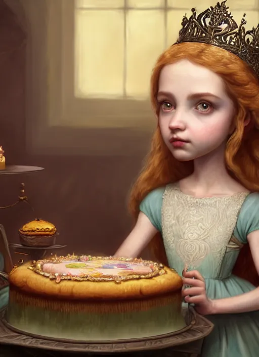 Image similar to highly detailed closeup portrait of an irish fairytale medieval princess eating cake, unreal engine, nicoletta ceccoli, mark ryden, lostfish, earl norem, global illumination, god rays, detailed and intricate environment