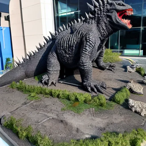 Image similar to high quality 3 d printed statue of godzilla stomping on cars