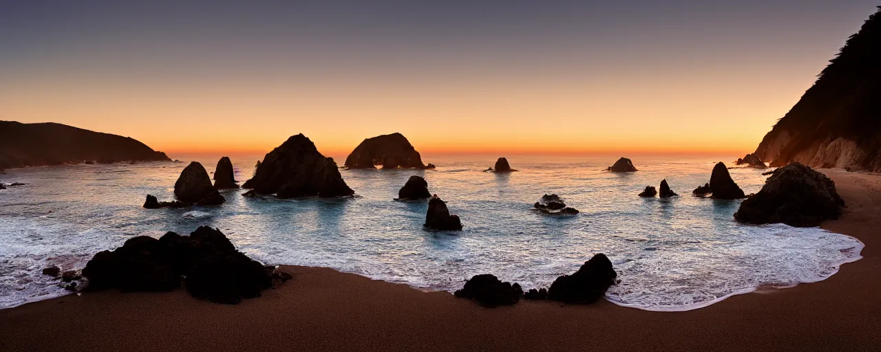 Prompt: a private beach in big sur california at sunset. cinematic photo. cinematic tone. sony 1 2 0 mm. f / 1. 8