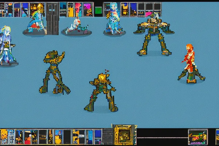 Image similar to pixel art scifi mecha divine fantasy steppe - themed hungarian slavic floral jrpg ps 1 turn - based battle sequence combat epic gameplay screenshot dynamic action scene, in the style of final fantasy, star ocean, resonance of fate