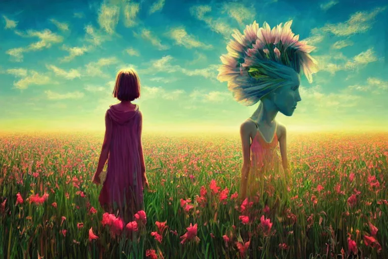 Image similar to giant gladiola head, girl walking in field of flowers, surreal photography, sunrise, blue sky, dramatic light, impressionist painting, digital painting, artstation, simon stalenhag