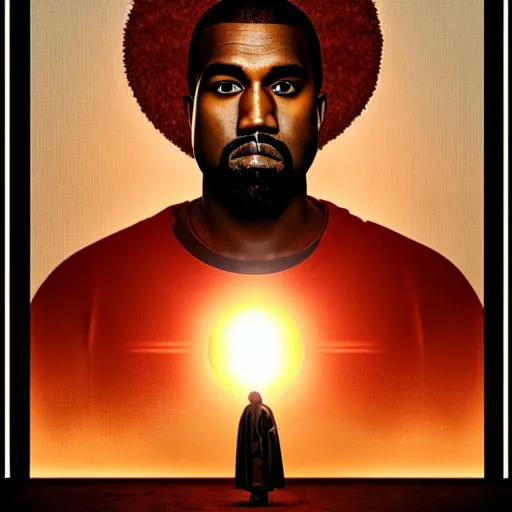 Image similar to Portrait of Kanye West as jesus, splash art, cinematic lighting, dramatic, octane render, long lens, shallow depth of field, bokeh, anamorphic lens flare, 8k, hyper detailed, 35mm film grain