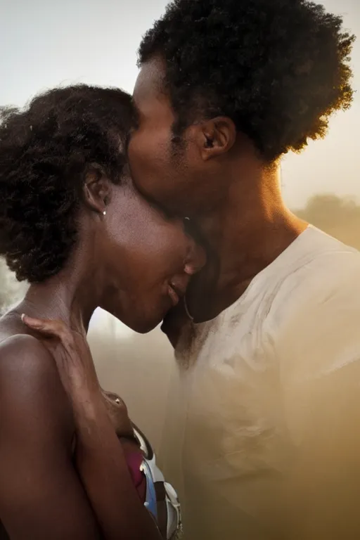 Image similar to a spectacular wideangle detailed closeup portrait photo, of a white robot kissing a african woman, beautiful low light mist