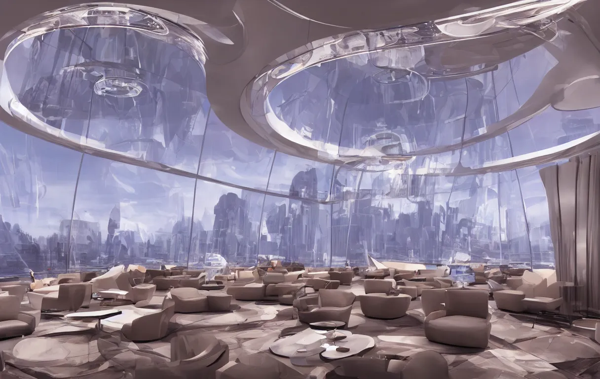 Image similar to a luxury futuristic hotel lounge interior, very tall round crystal ceiling, hovering in the clouds, by Ao Wou Ki and syd mead, octane rendering, 8k, trending on artstation, 16mm full frame lens, kodak film