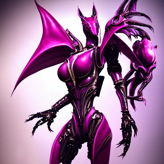 Image similar to highly detailed exquisite fanart, of a beautiful female warframe, but as an anthropomorphic robot dragon, shiny silver armor engraved, Fuchsia hide, elegant pose, close-up shot, full body shot, epic cinematic shot, long elegant tail behind, sharp claws for hands, professional digital art, high end digital art, singular, realistic, DeviantArt, artstation, Furaffinity, 8k HD render