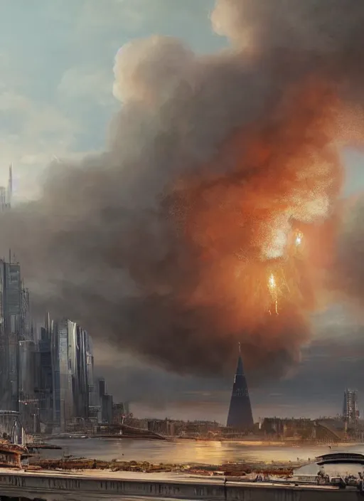 Image similar to hyper realistic giant fluffy caracal attacking moscow city harbor explosions, atmospheric beautiful details, strong composition painted by kim jung giu weta studio rutkowski, james gurney and greg rutkowski, and lucasfilm