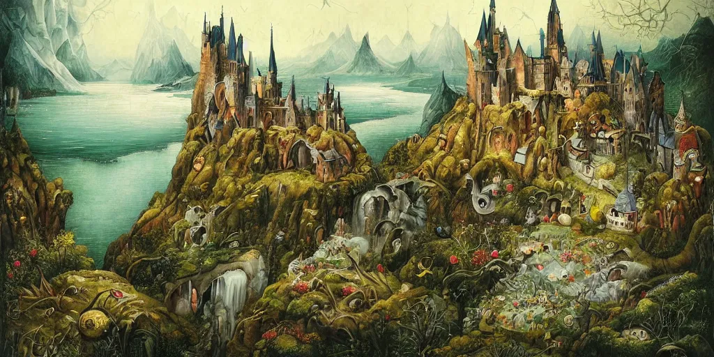 Image similar to beautiful Veduta painting gothic painting of a lively scenic rpg map with lakes, forests, mountain ranges, castles, rivers, hills, villages, flying dragons, surrounded by snowy mountains, by Esao Andrews and Peter Gric and Hieronymus Bosch and De Es Schwertzberger and Anka Zhuravleva