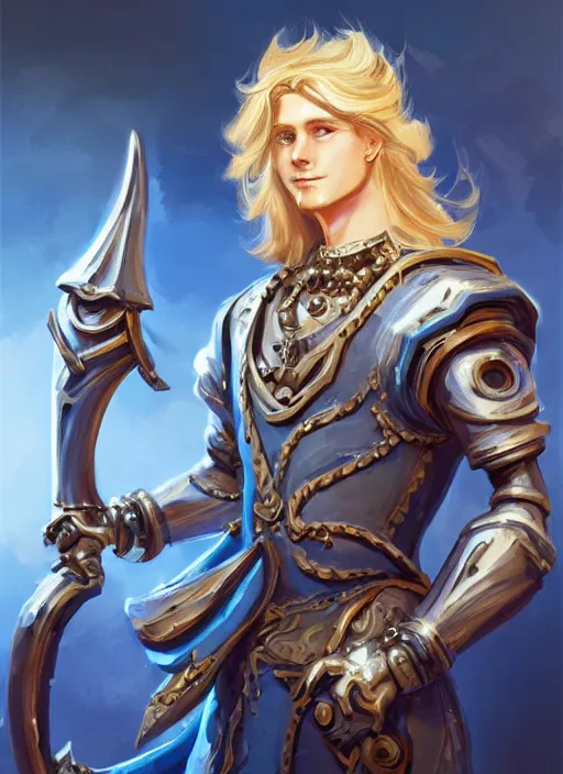 Image similar to a highly detailed illustration of long wavy bright blonde haired effeminate boy wearing blue blacksmith apron and iron cybermechanical arms, blue eyes, dramatic smiling pose, intricate, elegant, highly detailed, centered, digital painting, artstation, concept art, smooth, sharp focus, league of legends concept art, wlop