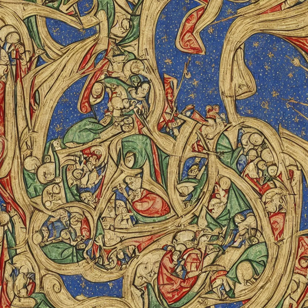 Prompt: detailed medieval illuminated manuscript of the beginning of the universe