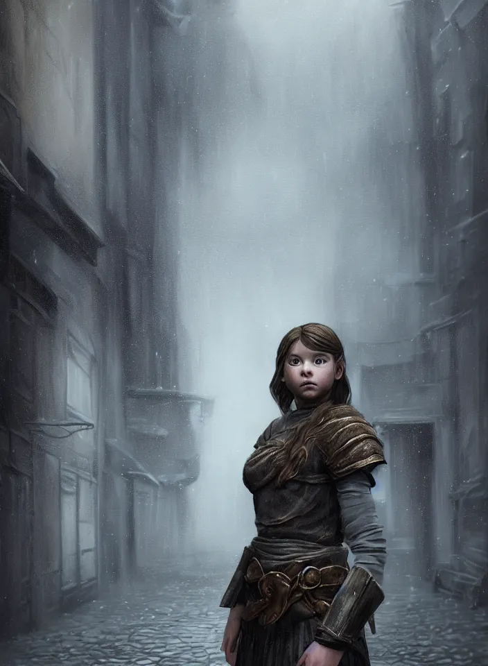 Image similar to a closeup portrait of an young girl from skyrim standing in an alleyway whilst raining, fantasy setting, city environment, serene colors, soft lighting, atmospheric, cinematic, moody, in the style of diego koi, gina heyer, luiz escanuela, art by alyssa monk, depth, hyperrealism, rule of thirds, golden ratio, oil on canvas, 8 k