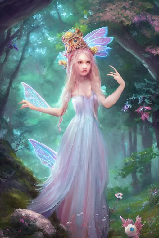 Image similar to a cute and geogerous fairy in the dreamy forest, fantasy, dreamlike, 8 k resolution, hyper detailed, d & d, character design, digital painting, trending on artstation, sharp focus, illustration, art by viktoria gavrilenko, hoang lap, fuji choko, steve zheng,