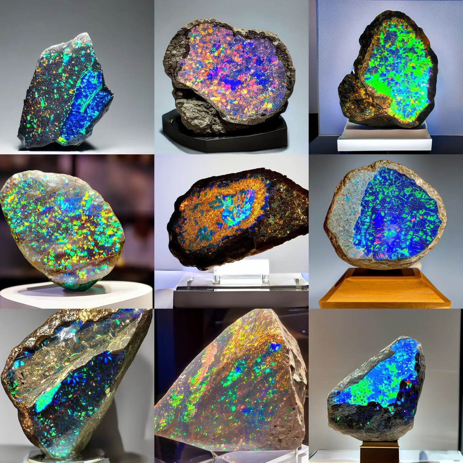 Prompt: enormous chunk of raw iridescent boulder opal, on a display stand, displayed in a museum