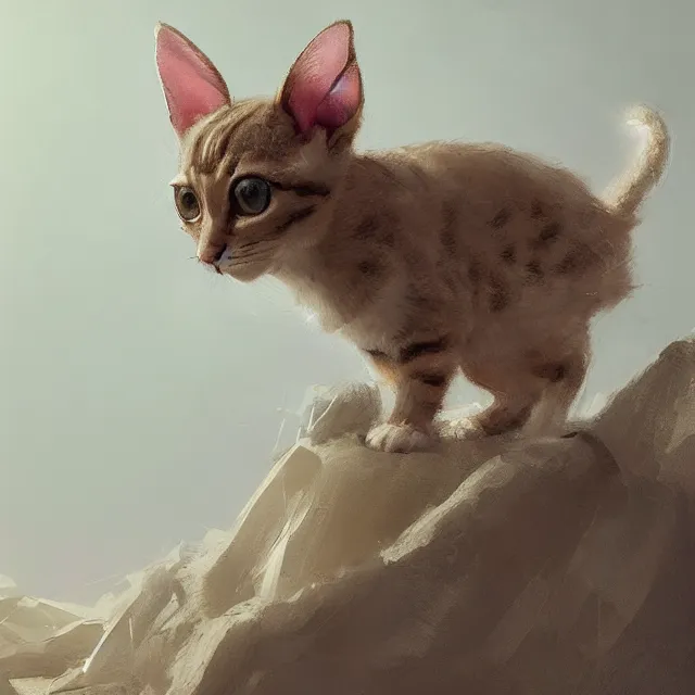 Image similar to a painting of a cute light beige kitten with brown ears and brown face and brown legs and brown tail. white paws. big eyes. character design by cory loftis, fenghua zhong, ryohei hase, ismail inceoglu and ruan jia. volumetric light, detailed, rendered in octane