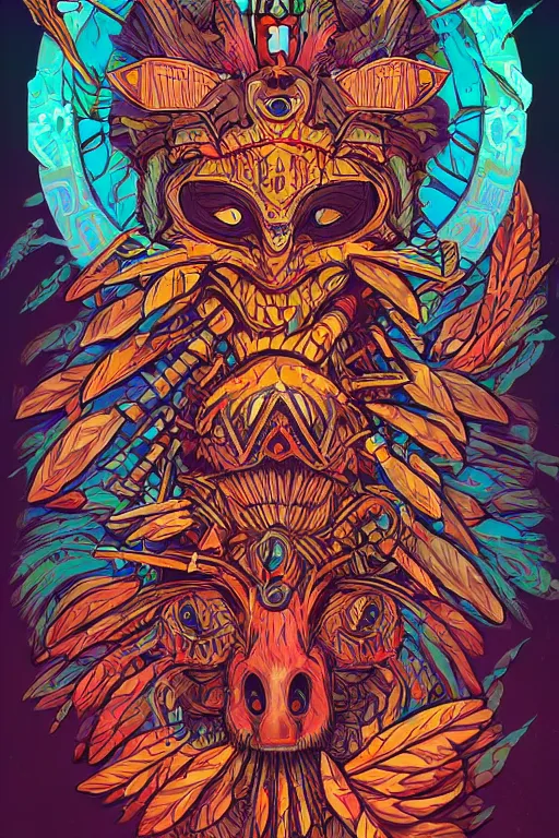 Image similar to totem animal tribal chaman vodoo mask feather gemstone plant wood rock video game illustration vivid color borderlands by josan gonzales and dan mumford radiating a glowing aura