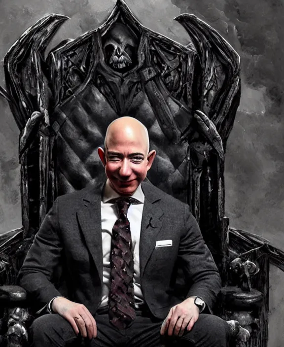 Image similar to a grimdark fantasy concept art portrait of jeff bezos sitting on a dark and evil throne