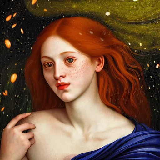Prompt: portrait of happy a young woman, among the lights of golden fireflies and nature, long loose red hair, intricate details, bright green eyes, freckles on the nose, round gentle face, intricate dress, deep focus, smooth, sharp, golden ratio, hyper realistic digital art by artemisia lomi gentileschi and caravaggio, full body dreamy art