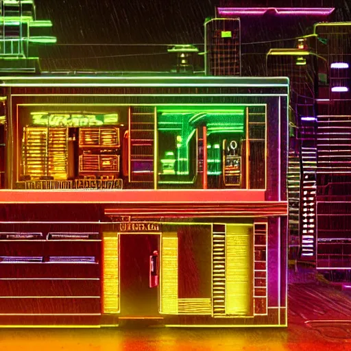 Image similar to cybernetic neon lit ndebele homestead seen from the front, street scene in blade runner, highly detailed, octane rendered