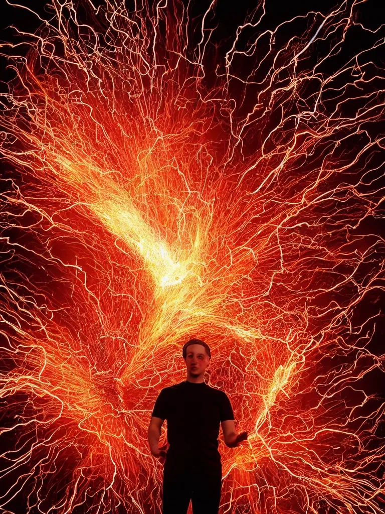 Prompt: mark zuckerberg uses a mere fraction of his powers, burning fiery hair, god of death and destruction, the bringer of the end, swirling mass of sparks and thunder, wrath and hellfire, captured on canon eos r 6