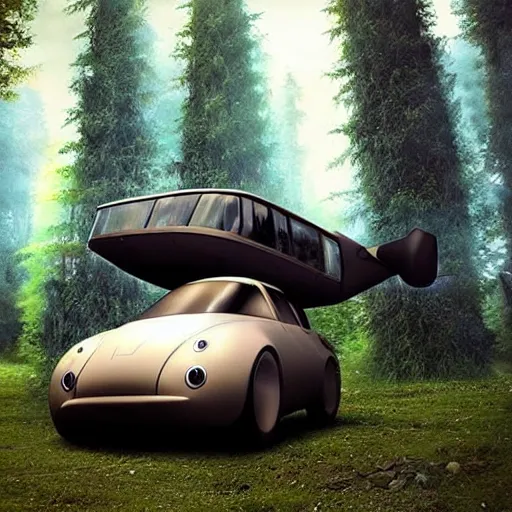 Image similar to flying car in futuristic spiritual mystical post apocalyptic forest, studio ghibli, beautiful, crisp