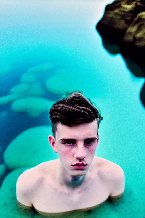 Prompt: high quality pastel coloured film mid angle docu photograph of a beautiful young 2 0 year old male, soft features, short black hair, floating in an icelandic black rock pool environment. atmospheric. three point light. photographic. art directed. ( pastel colours ). volumetric light. clearcoat. waves glitch. 8 k. filmic.