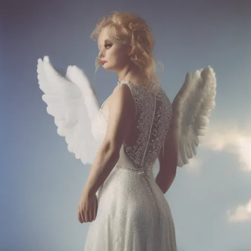 Image similar to realistic bride expired kodak film full body portrait of an angel performer,, hyperrealism, hypermaxiymalism, photorealistic, detailed, atmospheric, 8 k, award winning photography, cinematic