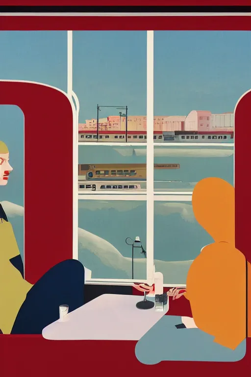 Image similar to scene from wes anderson train by helen lundeberg