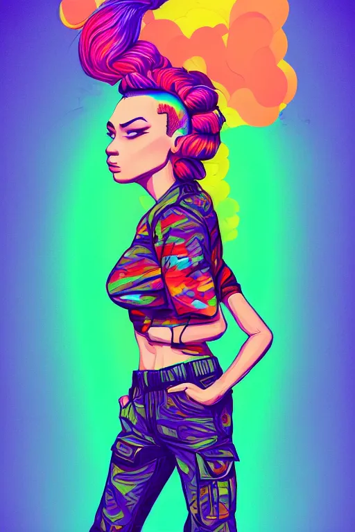 Image similar to a award winning half body portrait of a beautiful woman with stunning eyes in a printed croptop and cargo pants with rainbow colored ombre hairstyle head in motion and hair flying by josan gonzales, outrun, vaporware, shaded flat illustration, digital art, trending on artstation, highly detailed, fine detail, intricate