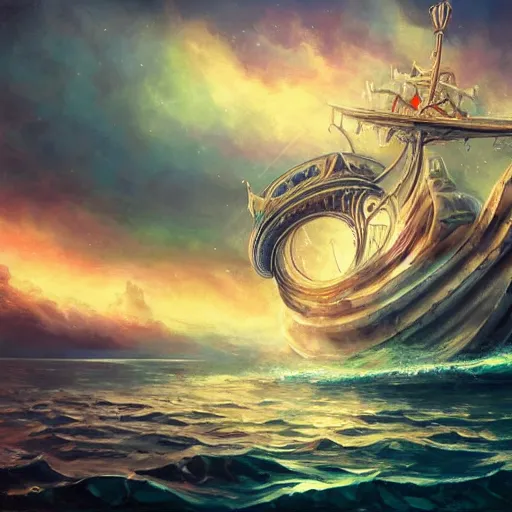 Image similar to mystical ship with kraken pulling it underwater, beautiful composition, wide angle, colorful, cinematic, volumetric lighting, intricate details painting