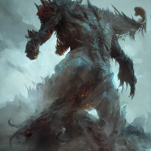 Image similar to An elemental monster, feral, horrific, drawn by Ruan Jia, fantasy art, dramatic lighting, digital art,highly detailed
