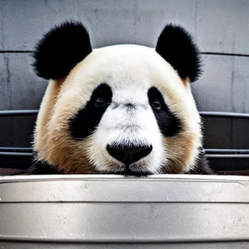 Prompt: a panda is peeking out from under the lid of a trash can