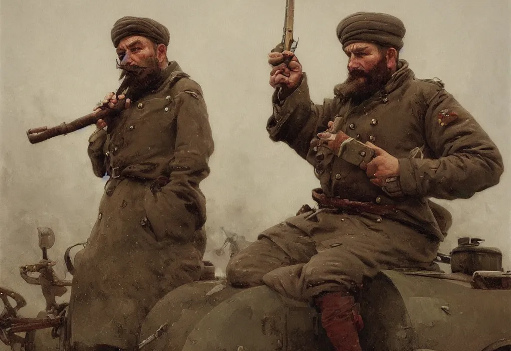 Prompt: A Soviet tankman with a short beard, wearing Sámi clothing, smoking a pipe, trending on ArtStation, 4k, oil painting by Jakub Rozalski and Alphonse Mucha
