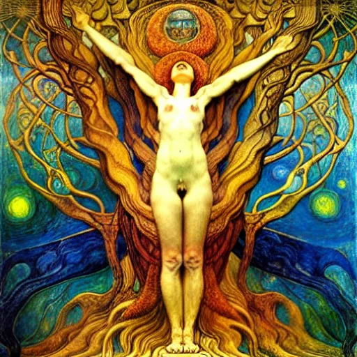 Prompt: tree of life by karol bak, jean delville, william blake, gustav klimt, and vincent van gogh, symbolist, visionary