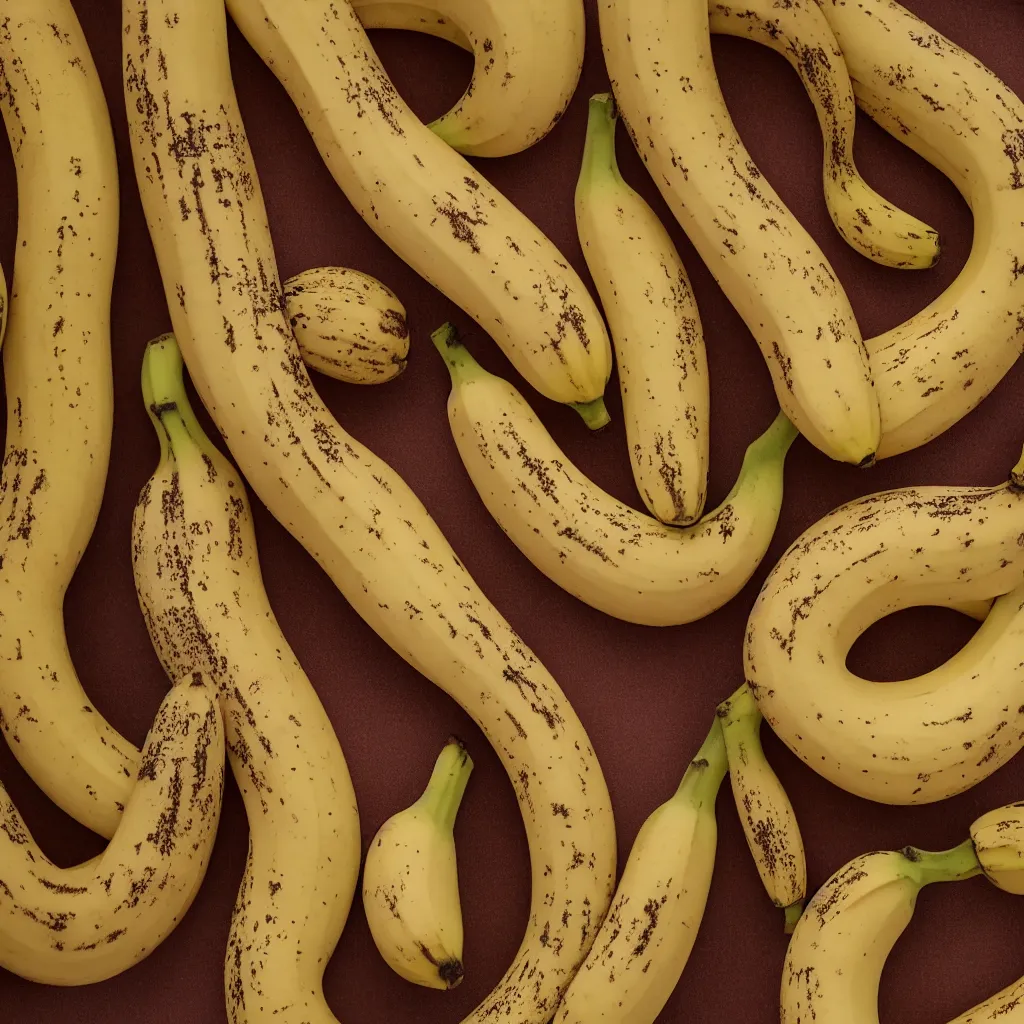 Image similar to circular fractal bananas that grow like coral, inside art nouveau with petal shape, big banana peals, and banana stems, mesh roots. closeup, hyper real, food photography, high quality