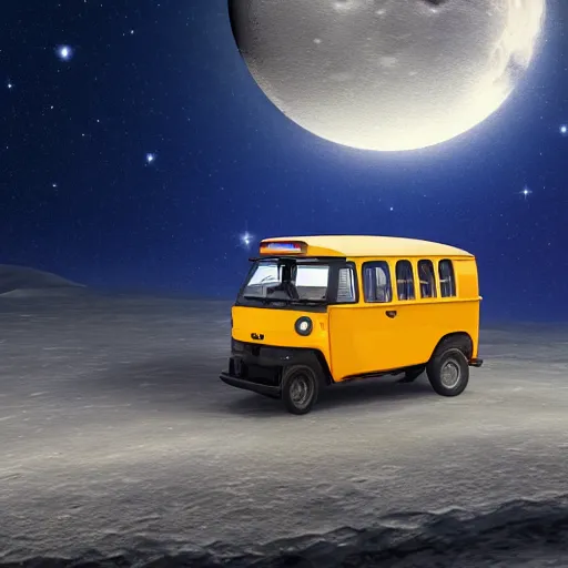 Image similar to a dark blue tuk tuk traveling on the surface of the moon, moon craters, night sky, milky way, hard lighting, matte painting, concept art, 4k