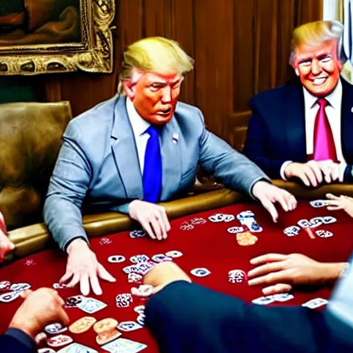 Image similar to donald trump and jesus christ playing poker while putin serves drinks and smiles