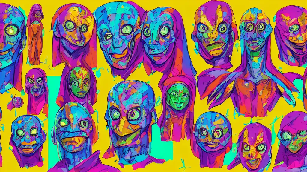 Prompt: colorful and vivid character sheet for a big brain extraterrestrial with big visible brain and large bulbous head, religious robes, retrofuture, high contrast, realistic, coherent, illustration, digital art, trending on artstation, hd, 8 k, good lighting, beautiful, rough paper, masterpiece