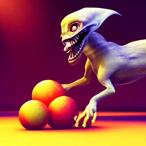 Image similar to beautiful digital fantasy illustration of alien fruit, a creepy dog attacking a stuffed animal, octane render, detail texture, unreal engine, 8 k, photographic quality, ultra hyper realistic quality