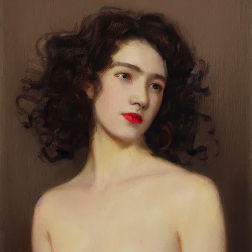 Image similar to a oil painting of a fair skin with dark curly stylised hair queen wearing dress, by frederick william elwell, by otomo highly detailed, realistic, concept art, jewels, oriental, desaturated