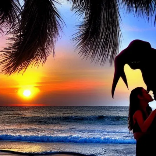 Image similar to Cthulhu photobombing a romantic selfie on a beach sunset