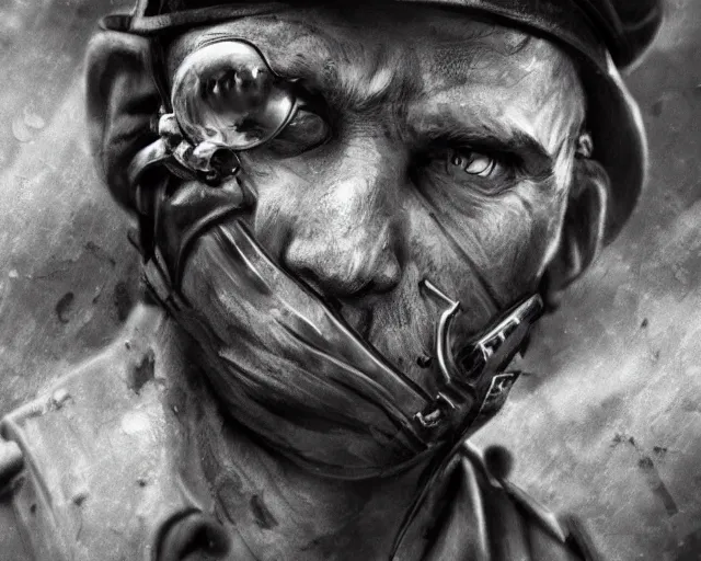 Image similar to A soldier with a hateful face aiming a machine gun towards a cat, world war 1, close-up, realistic face, beautiful face detail, mature facial features, black and white, amazing digital art, hyper detailed, artstation, in the style of Tony Sart