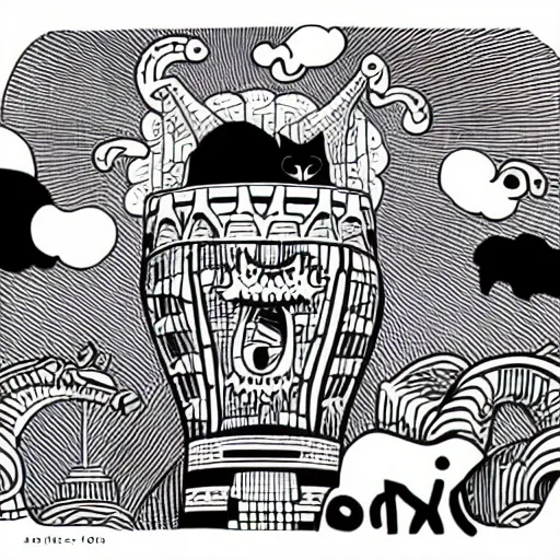 Image similar to mcbess illustration of a giant cat monster attacking tokyo tower