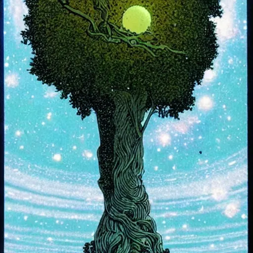 Image similar to a large tree hovering in space, rooted in a galactic crystal, by moebius