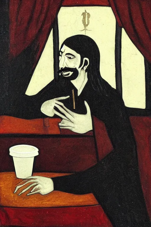 Prompt: portrait of vlad tepes sitting at a window table in a coffee shop