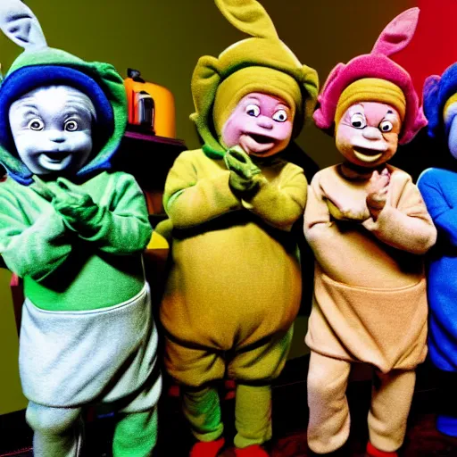 Prompt: Dwarfs dressed as Teletubbies acidwave