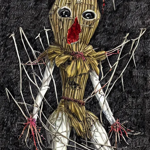 Image similar to concept art of a scary female scarecrow made of twigs metal bars and old clothes