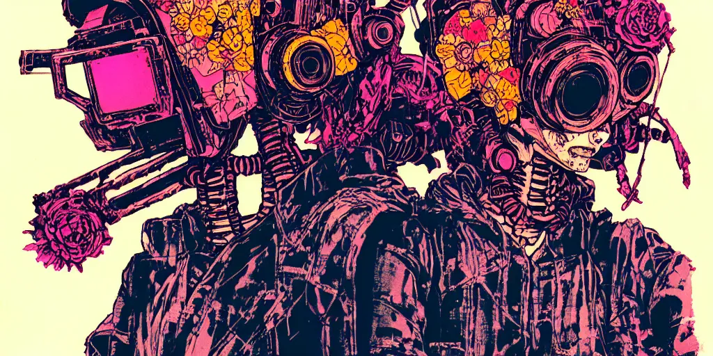 Prompt: flowerpunk mech scally samurai, risograph grainy painting, blurred, gouache on canvas, vibrant colors, grotesque, wrapped thermal background, bymike mignola and yoji shinkawa art style, midshot wide portrait